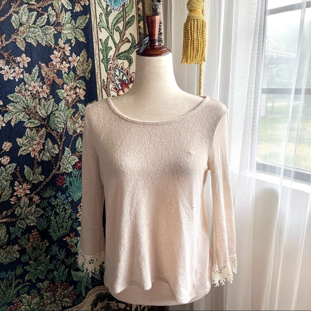 Beautiful Oatmeal / Cream Colored Knit Blouse with Crochet Lace Trim, open back